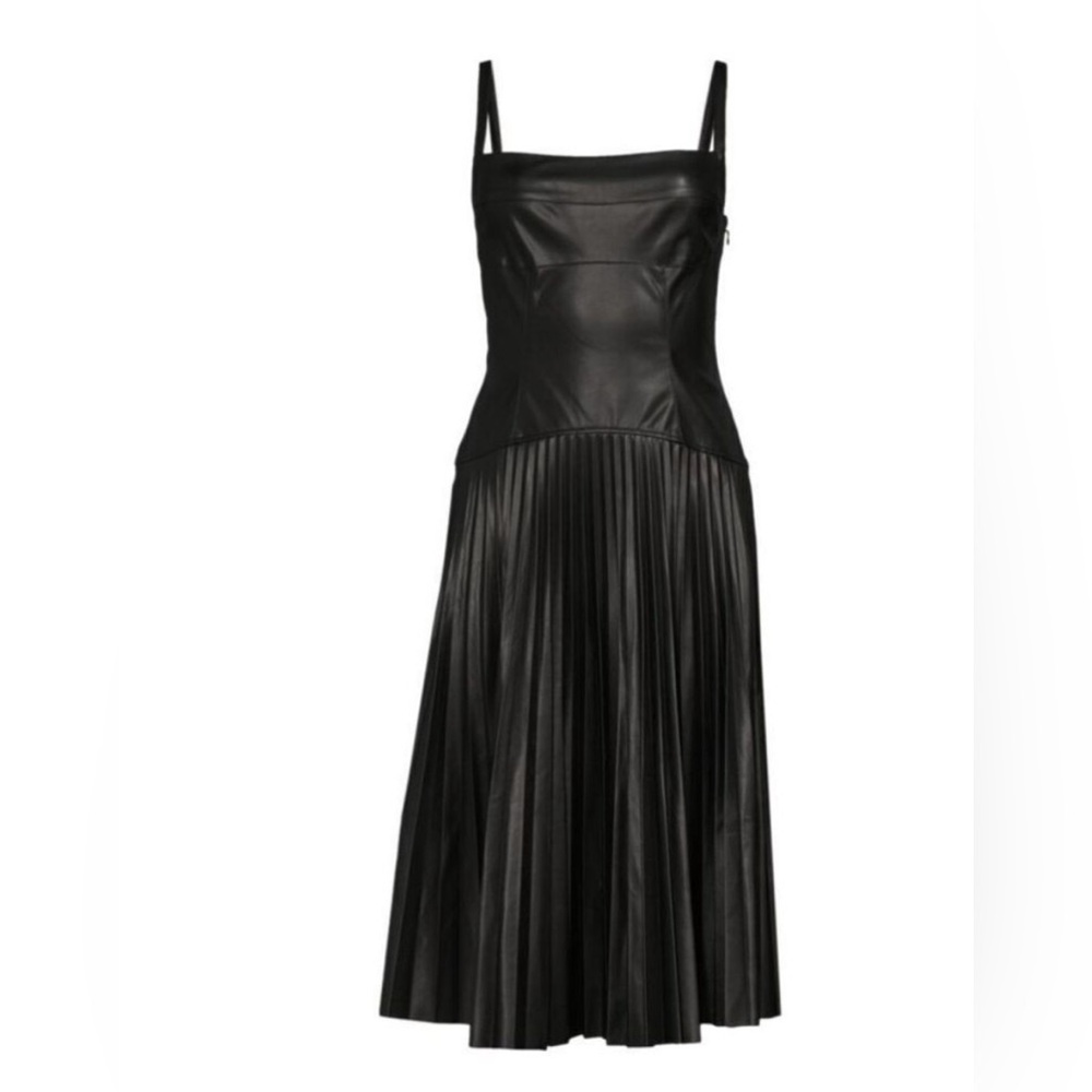 Proenza Schouler Black Drop Waist Pleated Faux Leather Midi Dress